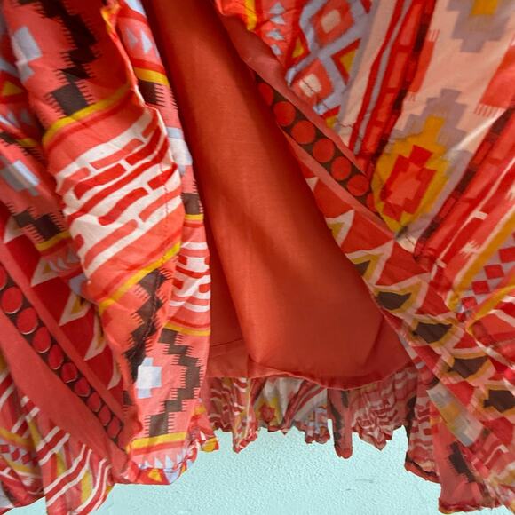 CB Boho Red Pleated Festival Midi Skirt Global Print Cotton Y2K Revival Size L - Picture 6 of 6
